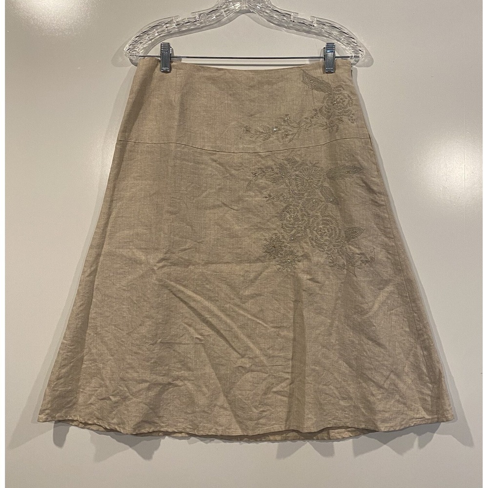 Edward Tan Linen Floral Embroidered Sequin A-Line Skirt Womens Size 6 Tan Boho